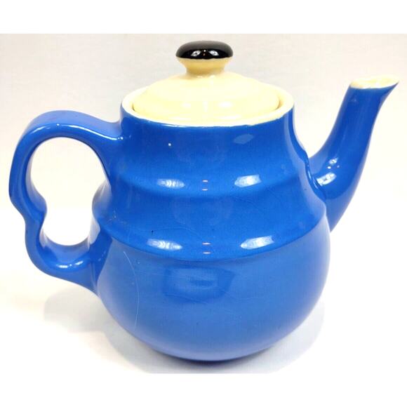 Vintage Blue Stoneware Oxford Style Teapot Made in USA 2 Ring Style 6.5" - Picture 4 of 9